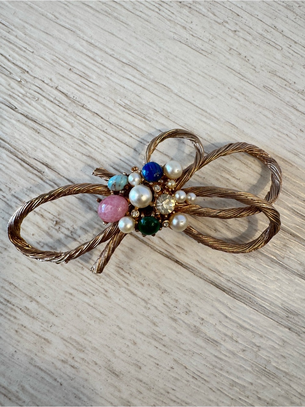 Vintage Gold-Tone Bow Brooch with Multicolored Cabochons